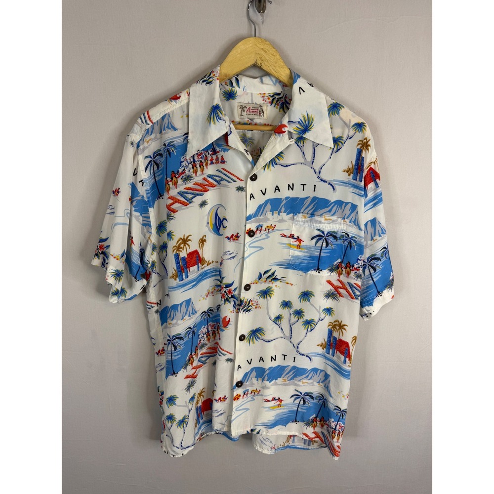 Avanti Silk Hawaiian Shirt Mens Artworks by Mookee Silk Scenic Print Blue XL